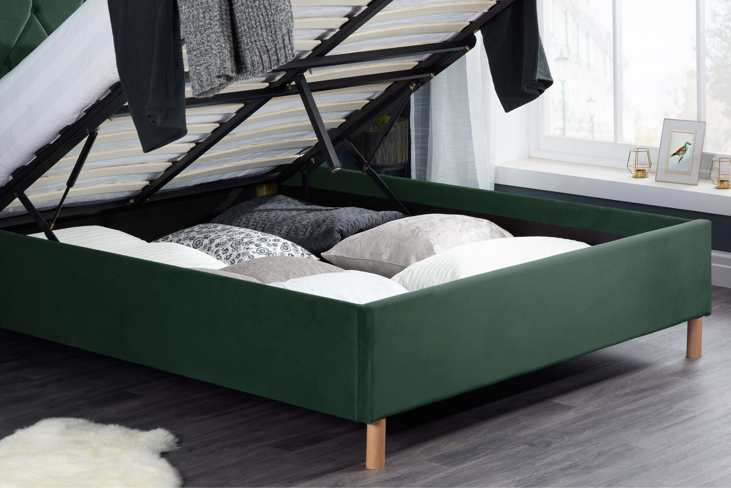 Loxley Ottoman Bed – Stylish Upholstered Frame with Storage (Blue, Green or Grey)