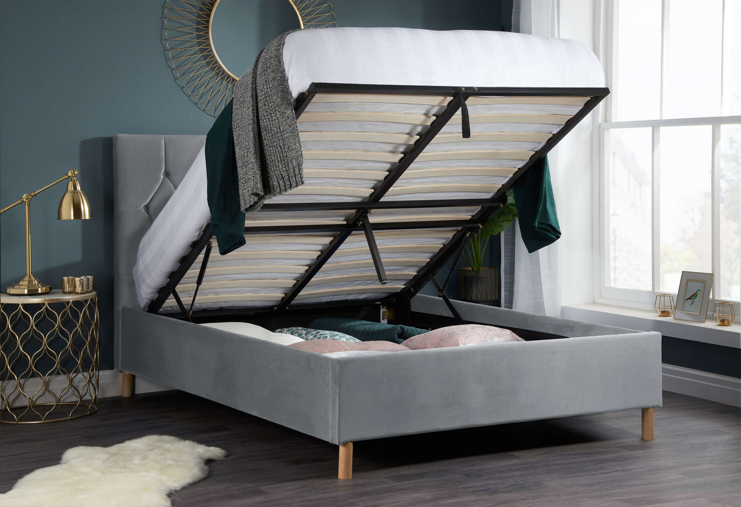 Loxley Ottoman Bed – Stylish Upholstered Frame with Storage (Blue, Green or Grey)