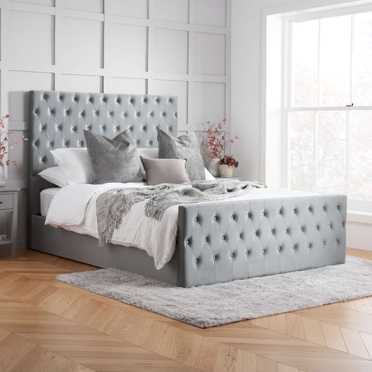 Marquis Grey Velvet Ottoman Bed – Elegant Design with Practical Storage
