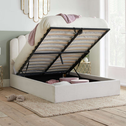 Monaco Ottoman Bed – Teddy Bouclé Upholstery with Fan Headboard and Storage
