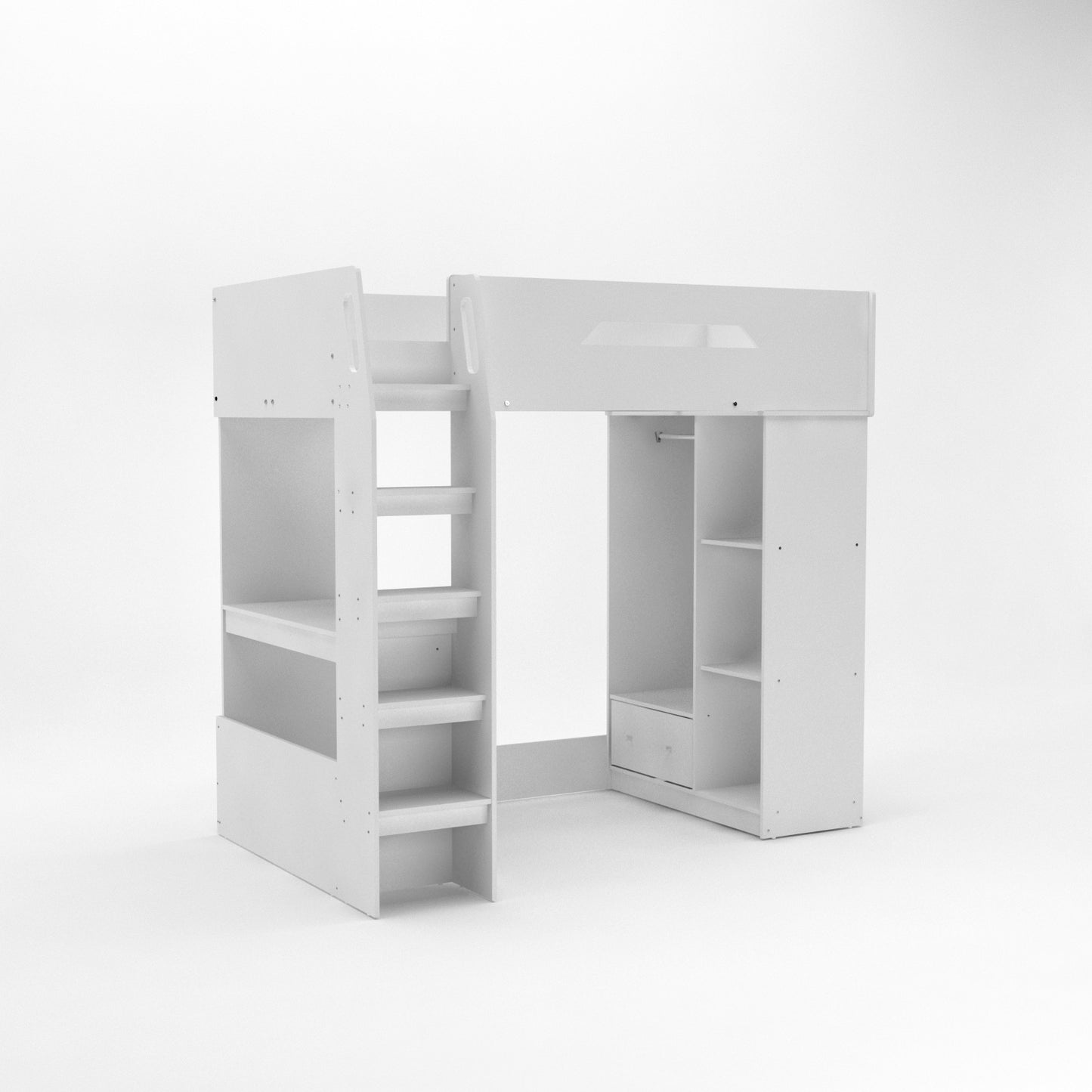 Kudl, High Sleeper Bed, with Desk, Storage and Hanging Area (White)