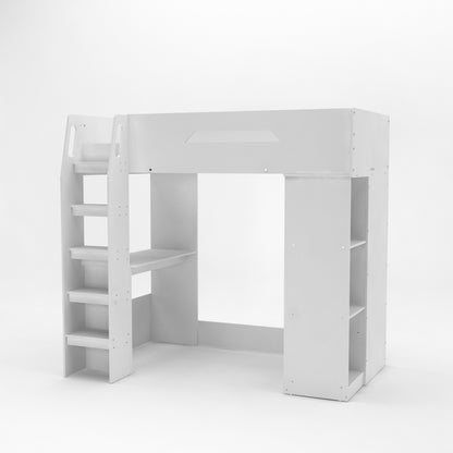 Kudl, High Sleeper Bed, with Desk, Storage and Hanging Area (White)
