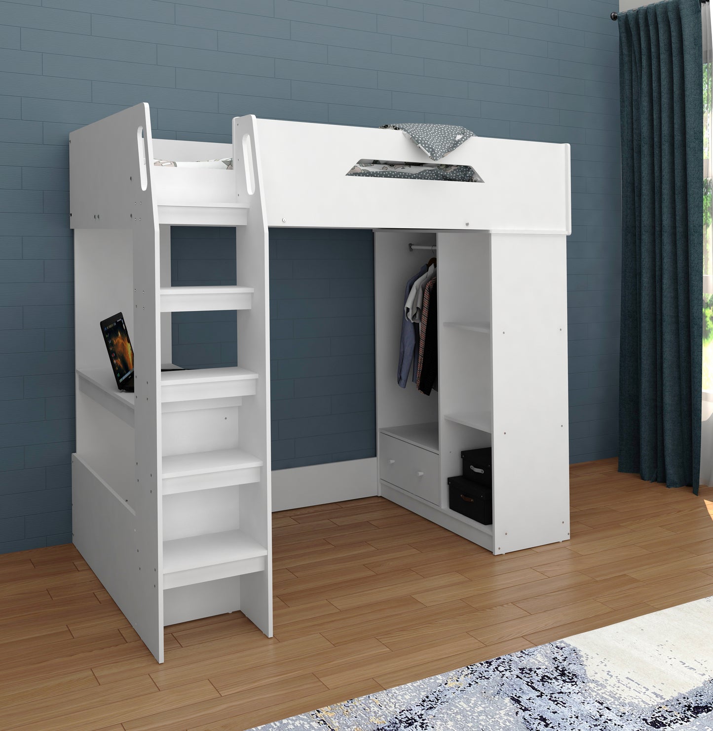 Kudl, High Sleeper Bed, with Desk, Storage and Hanging Area (White)