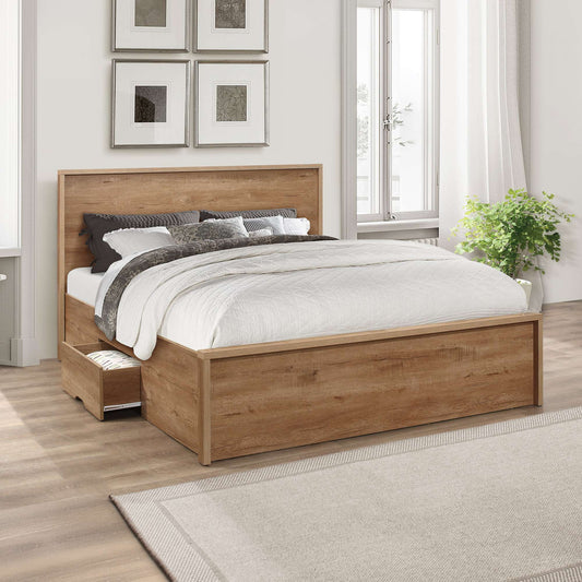 Stockwell Rustic Oak Storage Bed – Farmhouse Style with Built-In Drawers