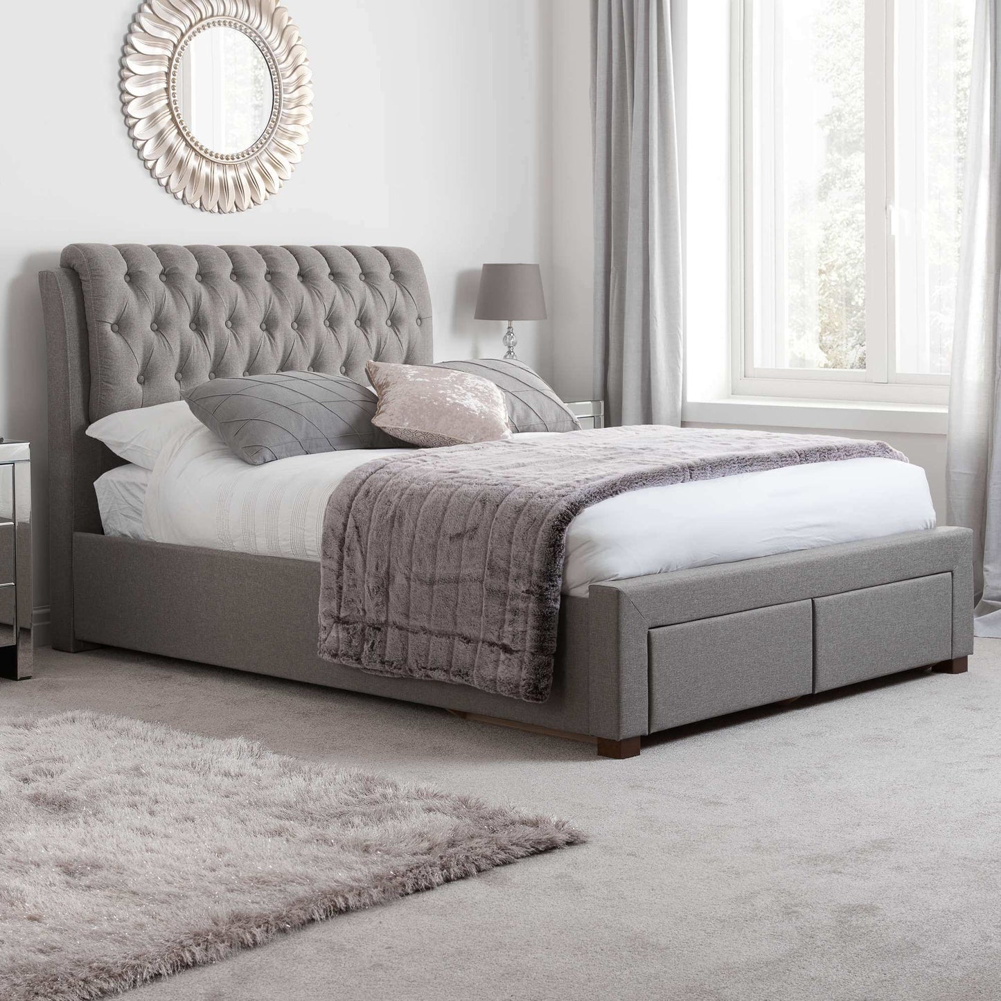 Valentino Upholstered Bed Frame with Buttoned Headboard and End Storage Drawers
