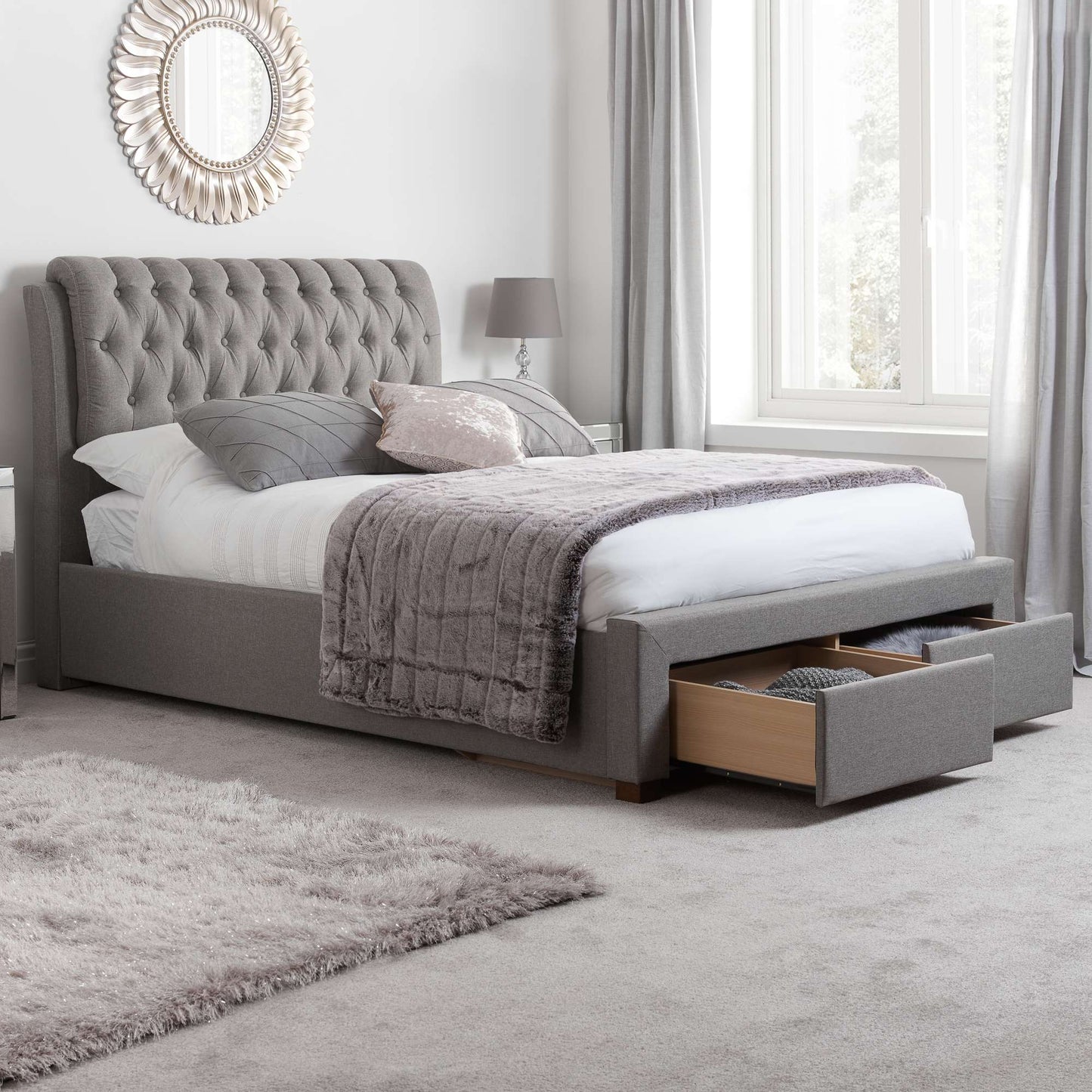 Valentino Upholstered Bed Frame with Buttoned Headboard and End Storage Drawers