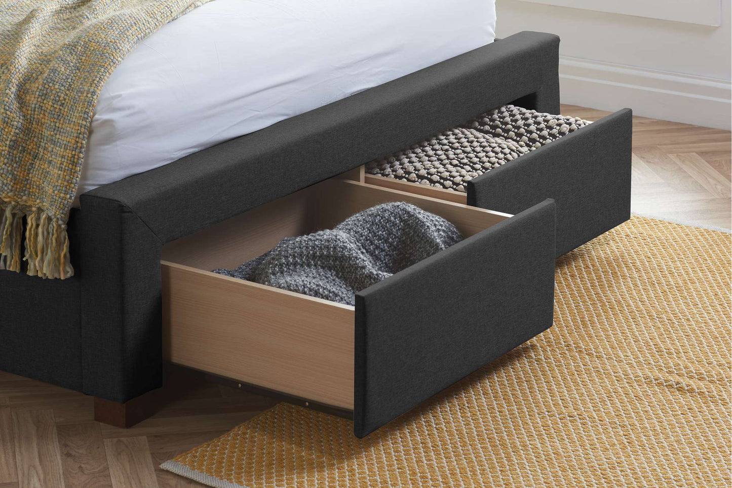 Valentino Upholstered Bed Frame with Buttoned Headboard and End Storage Drawers