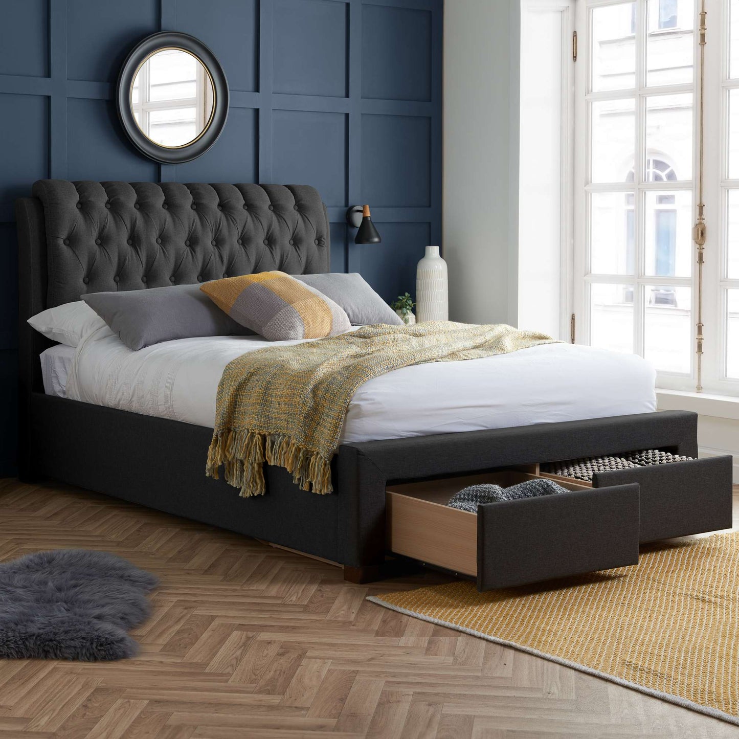 Valentino Upholstered Bed Frame with Buttoned Headboard and End Storage Drawers