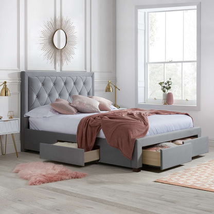 Woodbury Grey Upholstered Bed Frame with Diamond Tufted Headboard and Storage Drawers