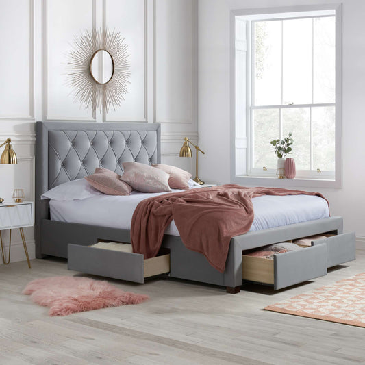 Woodbury Grey Upholstered Bed Frame with Diamond Tufted Headboard and Storage Drawers