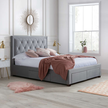 Woodbury Grey Upholstered Bed Frame with Diamond Tufted Headboard and Storage Drawers