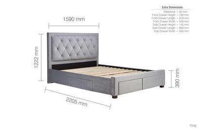 Woodbury Grey Upholstered Bed Frame with Diamond Tufted Headboard and Storage Drawers
