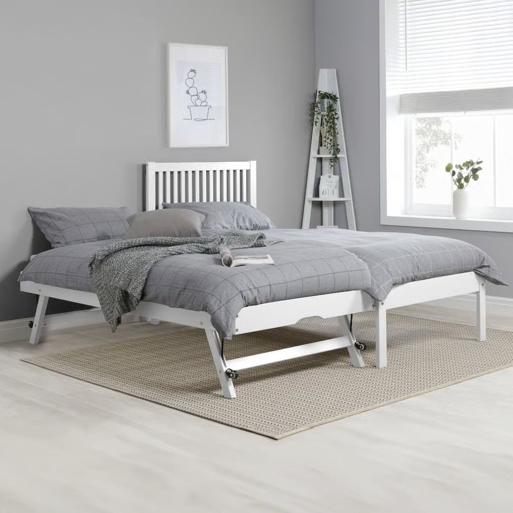 Buxton White Guest Bed with Trundle – Solid Wood Frame, Space-Saving Design