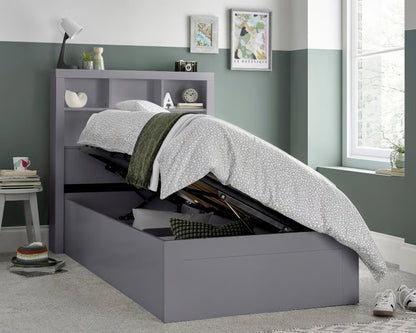 Oscar Single Ottoman Bed with Bookcase Headboard and Side-Opening Storage